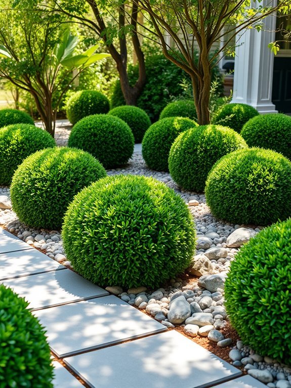 boxwood plants and paving