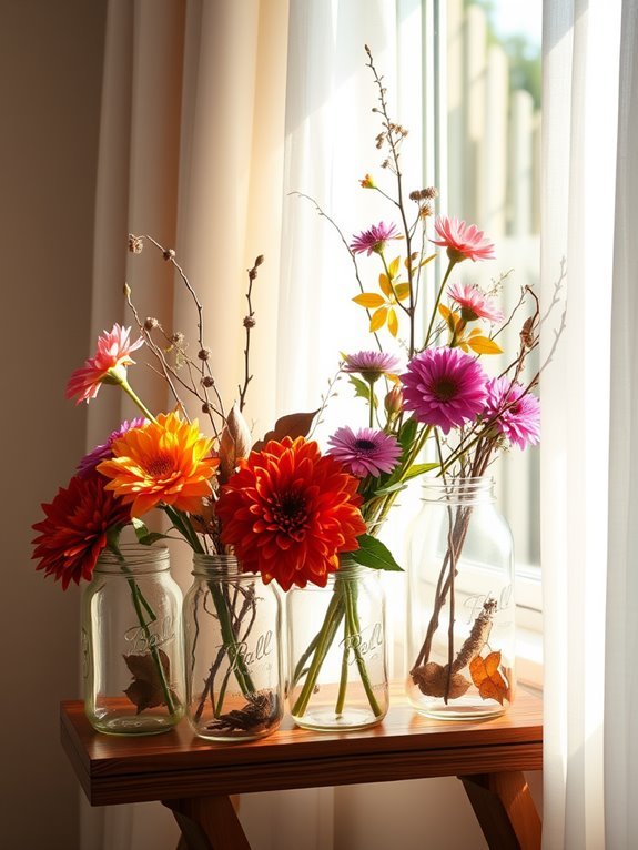 colorful blooms in jars