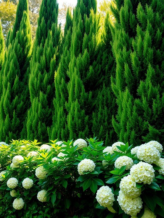 evergreen cypress flowering hydrangea