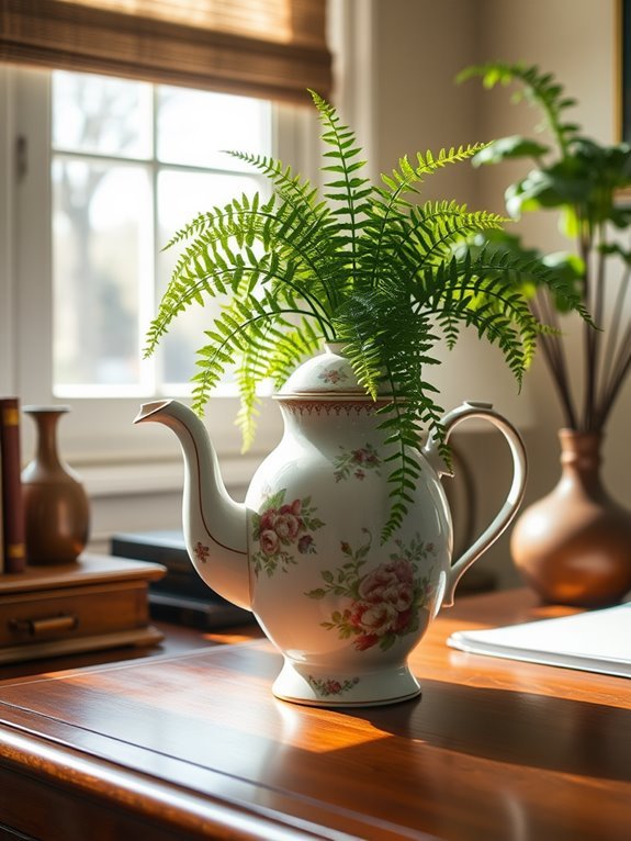 ferns arranged in teapot