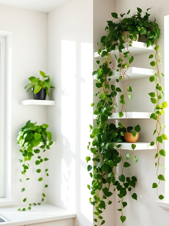 greenery adorned floating shelves