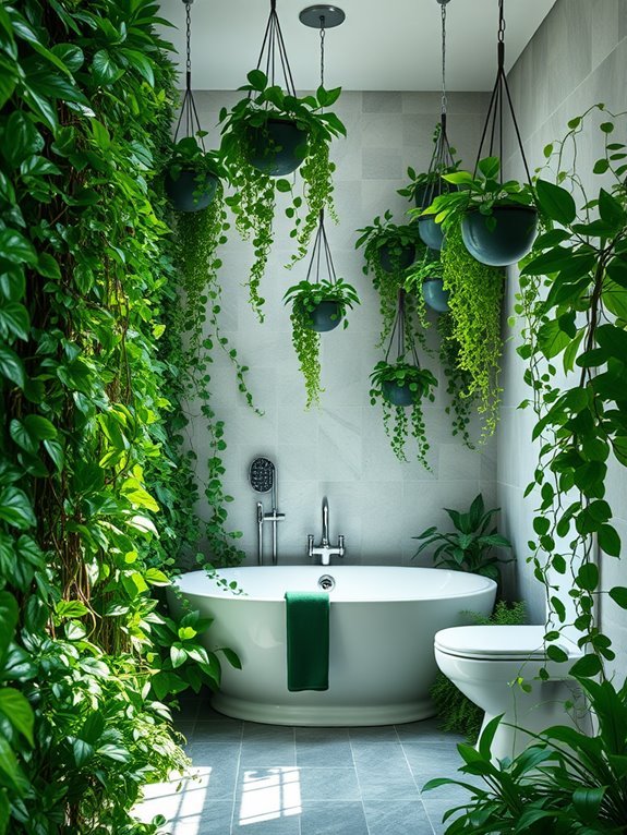 hanging planters amidst greenery