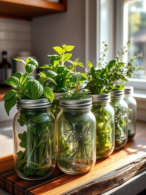 herbs growing in jars