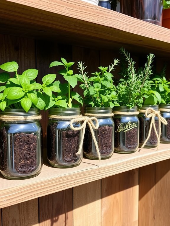 herbs growing in jars