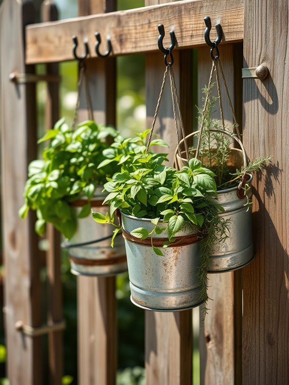herbs in metal buckets
