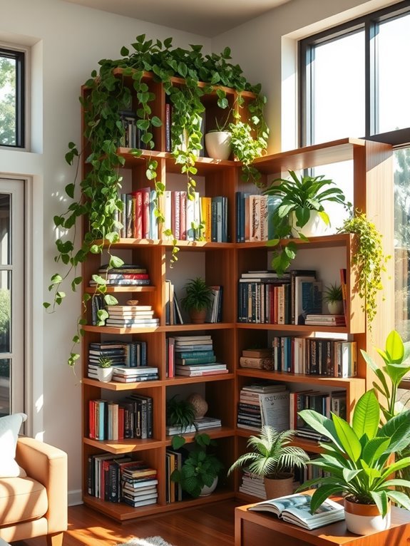 plants integrated into bookshelves