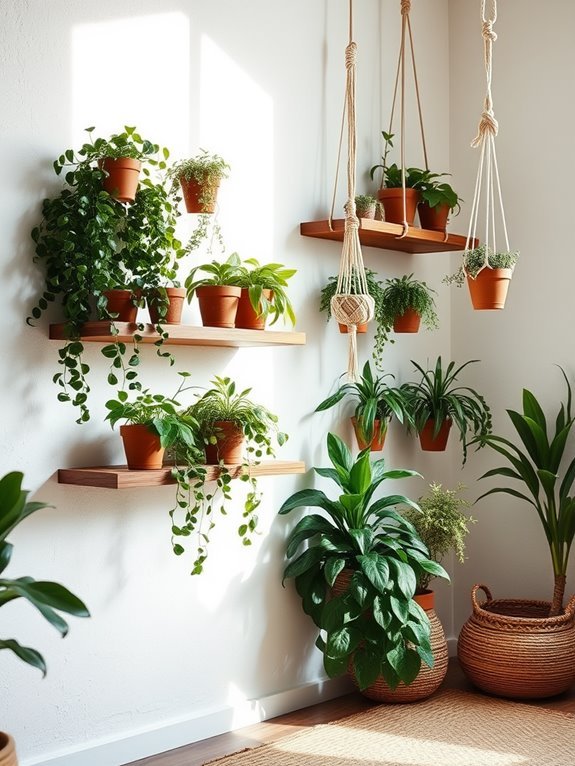 potted plants on shelves