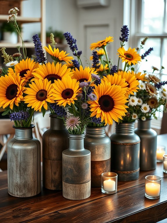 rustic vases with seasonal flowers