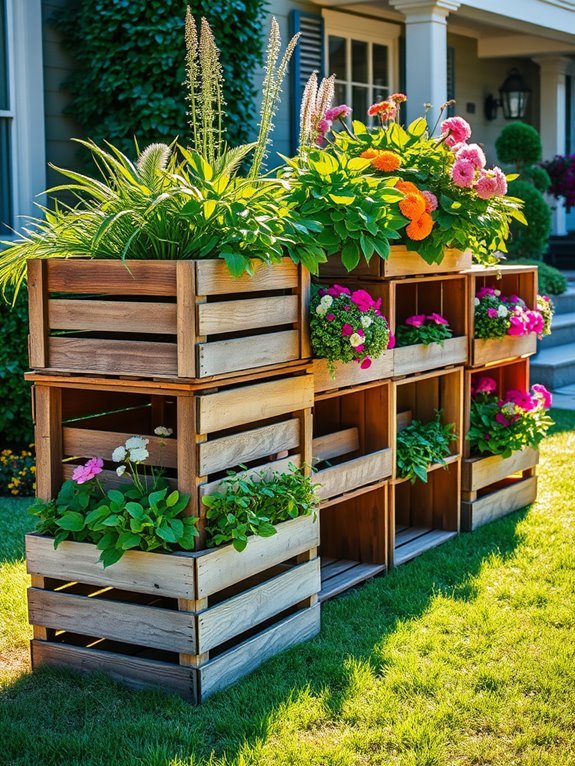 stacked wooden planter crates
