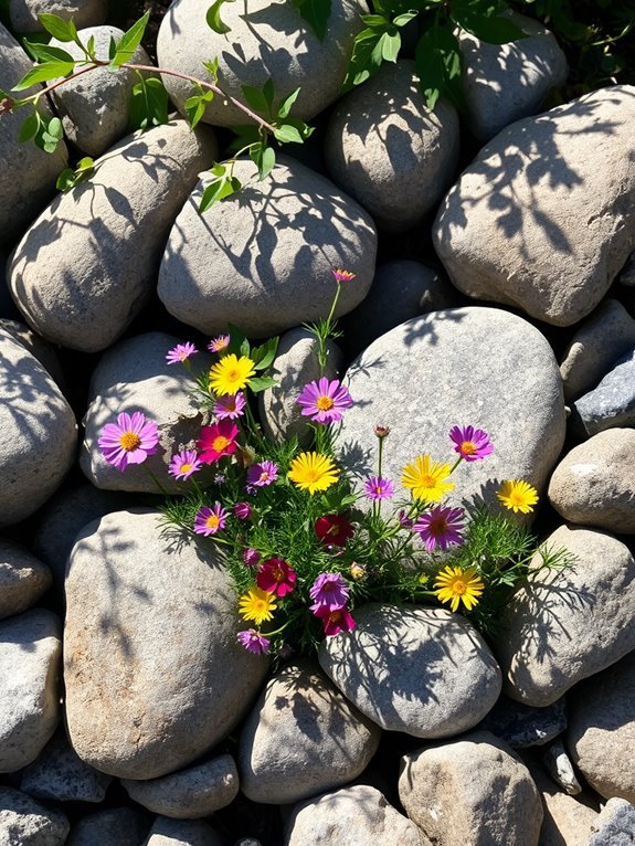 stones surrounding wildflower patch