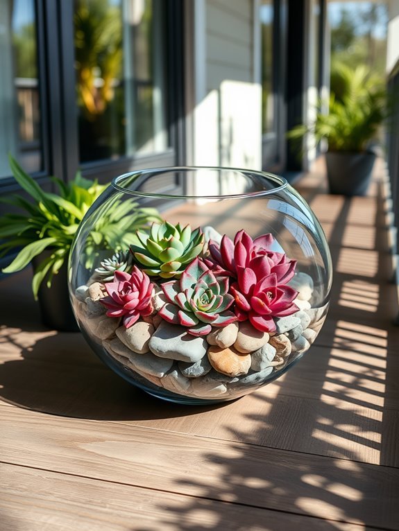 succulent terrarium with stones