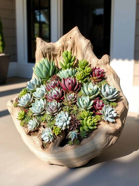 succulents arranged on driftwood
