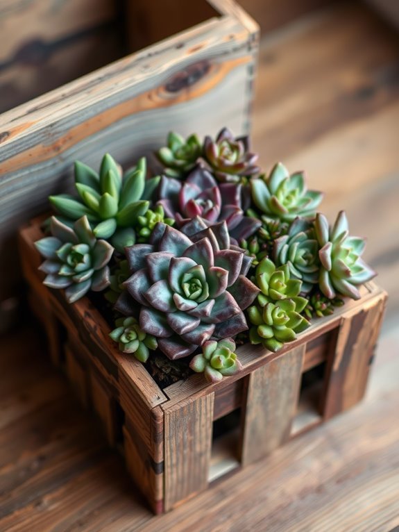 succulents in rustic crate