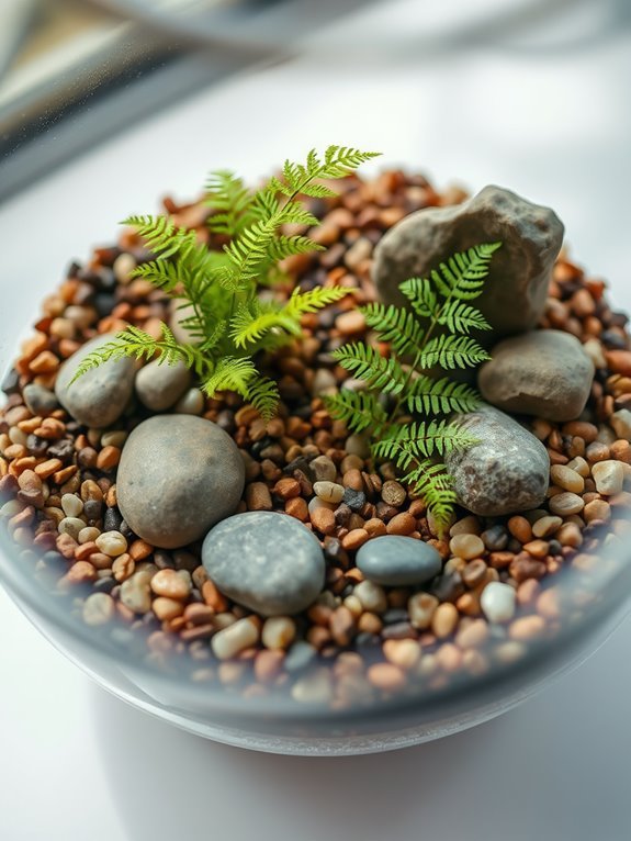 textured gravel with ferns