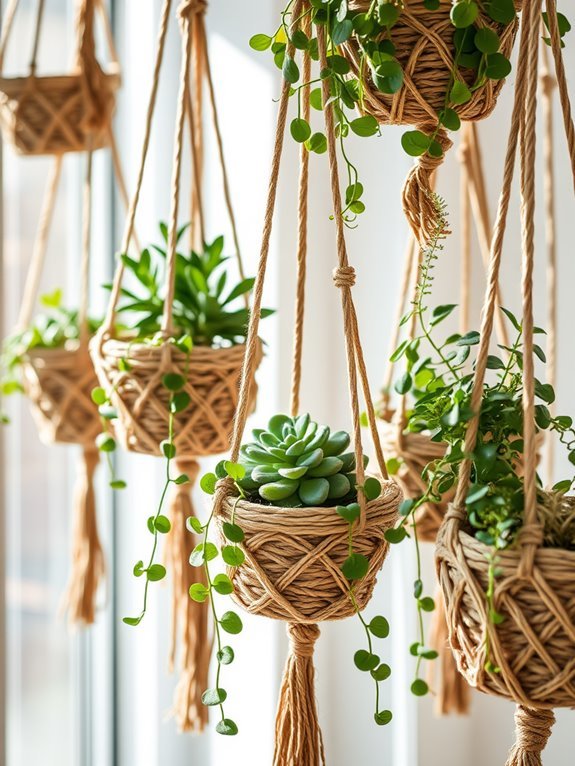 twine wrapped hanging flower baskets