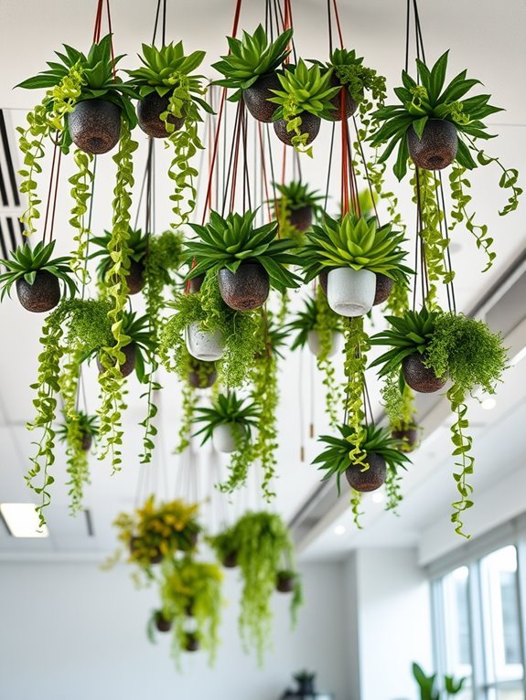 variety of hanging succulents