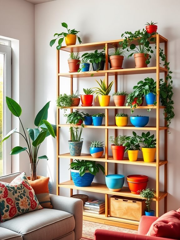 vibrant pots on shelves