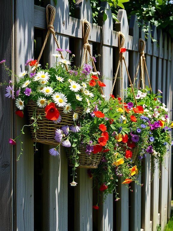 wildflower filled hanging baskets