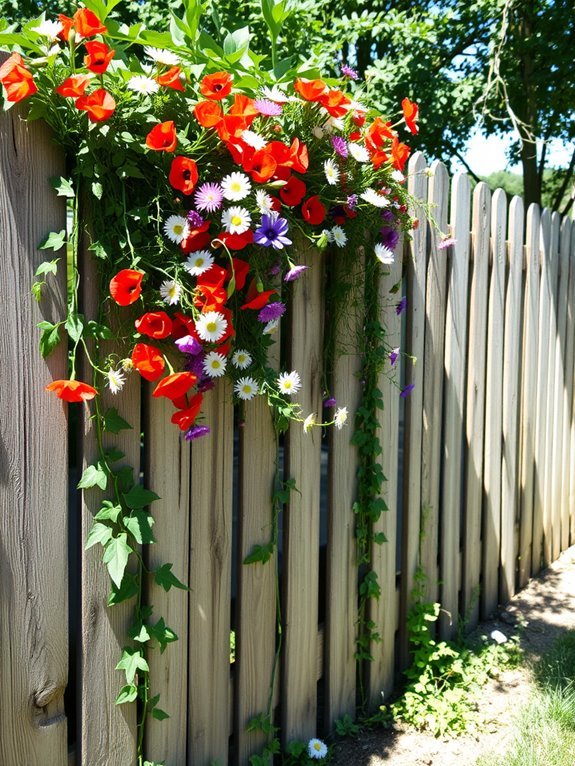 wildflowers by rustic fence