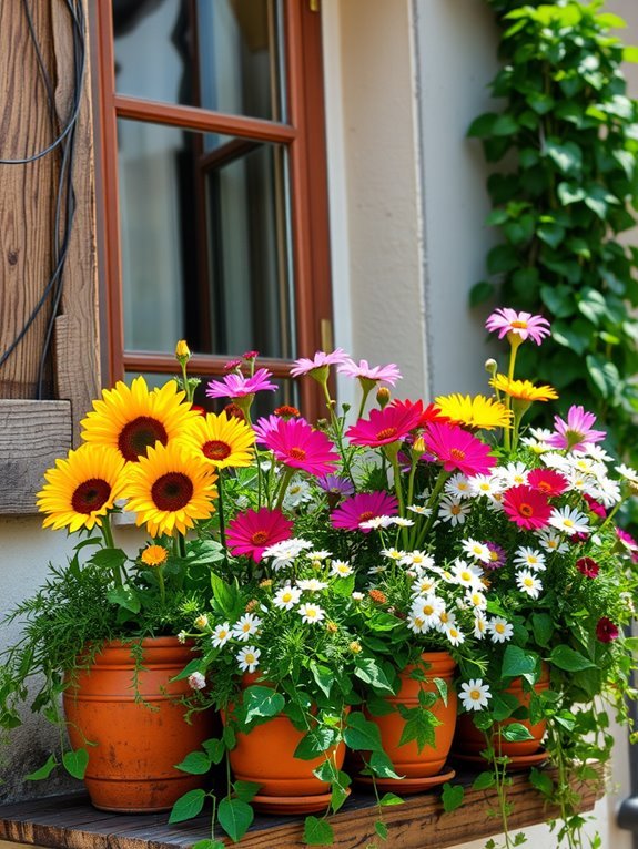 wildflowers in rustic pots
